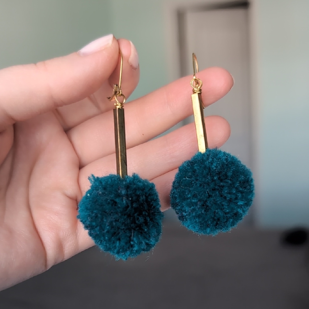 Teal Pom Pom Earrings with Brass Accents